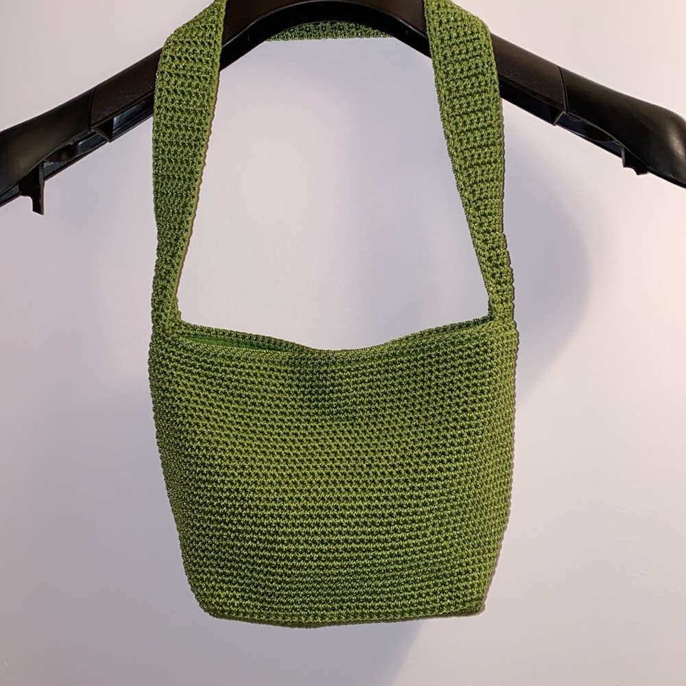 THE SAK Crocheted Silver-Tone Branded Zipper Purse Shoulder Bag Green VGUC - Picture 6 of 17